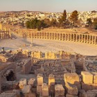 View of the Oval Forum of the ancient Roman city of Jerash in Jordan