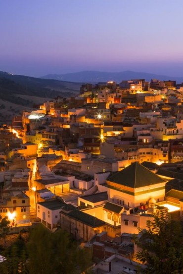 Moulay Idriss, a sacred city in Morocco, seen at twilight