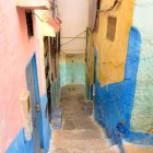 Vividly colored architecture of the alleys in the Medina of the Holy City of Moulay Idriss.