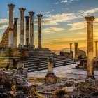 Evocative view of the Roman columns of the ancient city of Volubilis, once the capital of Mauretania