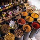 Oriental products, essential oils, creams, and spices sold in the Souk of Fes located in the Medina, where traditional Arab markets offer all kinds of products