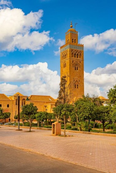 Marrakech square and Minaret of the Imperial city in Morocco