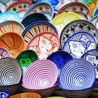 Traditional Moroccan ceramics for sale in the souks of the Medina of Marrakech