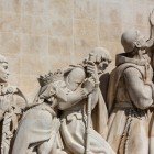 Details of the marble statues at the Monument to the Discoveries in Lisbon