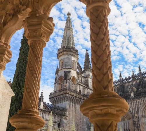 View of the Monastery of Santa Maria da Vitória from the square in front of it in Batalha, Portugal