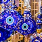 Sale of souvenirs, the typical amulet representing a blue glass eye from Nazaré