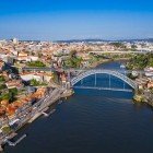 Aerial view of the Luis I Bridge in the city of Porto over the Douro River in Portugal