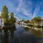 The modern architecture of the houses in Tomar along the Nabão River in Portugal