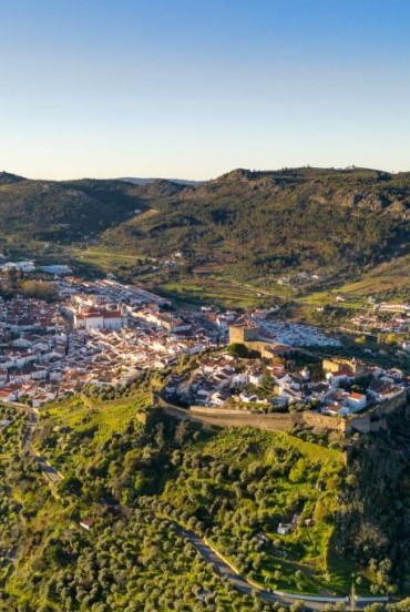 Aerial drone view of Castelo de Vide in Alentejo, Portugal, from the Serra de São Mamede mountains