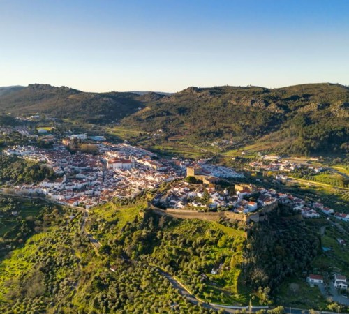 Aerial drone view of Castelo de Vide in Alentejo, Portugal, from the Serra de São Mamede mountains