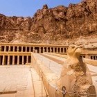 Main entrance to the temple of the pharaoh queen Hatshepsut, located on the west bank of the Nile River, near the Valley of the Kings and the city of Luxor