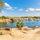 Beautiful panorama of the city of Aswan from the banks of the Nile River in Egypt