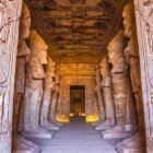 Interiors of Abu Simbel, an ancient temple complex carved into a rocky cliff on the second cataract of the Nile in Aswan during the reign of Ramesses II in 1264 BC.