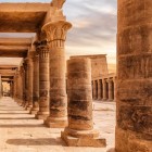 Detail of the capitals of the eastern colonnade on Philae Island, Temple of Isis, in the Aswan Governorate of Egypt