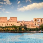 View of the Temple of Philae and Trajan's Kiosk on Lake Nasser in Aswan, Egypt