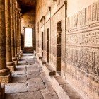 Details of the hieroglyphs and bas-reliefs on the columns in the Temple of Isis at Philae, on Agilkia Island in Lake Nasser, Egypt