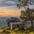 Spectacular panorama from one of the typical rock-hewn houses in Monsanto, nestled among enormous boulders in the municipality of Idanha-a-Nova, southeast of Serra da Estrela, Portugal