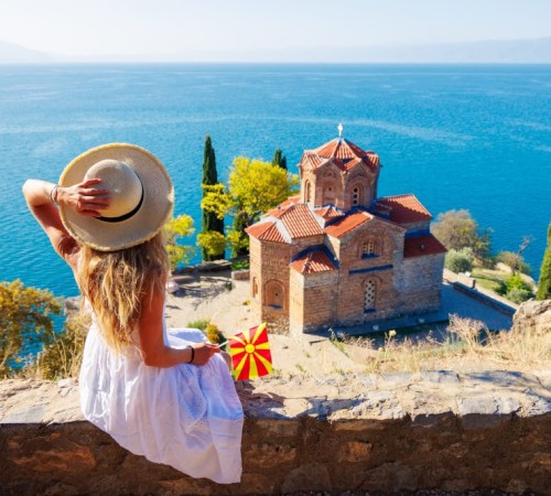 View of the Church of St. John at Kaneo in Ohrid, North Macedonia. It is a Macedonian Orthodox church situated on the cliff of Kaneo Beach overlooking the lake, and features a beautiful, panoramic walkway over the lake