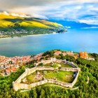 Aerial view of the city of Ohrid and Samuel's Fortress, a UNESCO World Heritage Site in North Macedonia