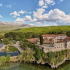 Spectacular drone view of the Monastery of Sveti Naum on Lake Ohrid in North Macedonia