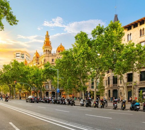 Paseo de Gracia Avenue across from Plaza de Catalunya in the Eixample district