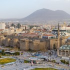 Drone panorama of the center of Kayseri, with Kayseri Castle and the Mosque in the foreground.