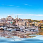 View of the typical boats used for excursions in the Golden Horn Harbor in Istanbul, on the beautiful Bosphorus Channel that divides European Turkey from Asian Turkey